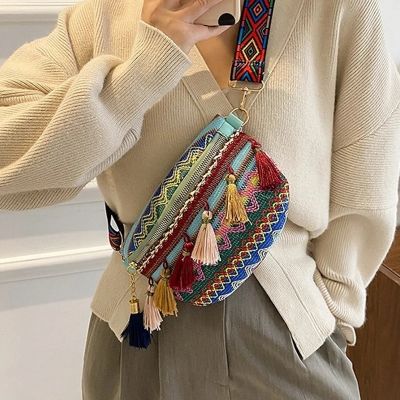 Women Folk Style Waist Bags with Adjustable Strap Variegated Color Fanny Pack with Fringe Decor Pochete Feminina Riñonera Belt 【MAY】