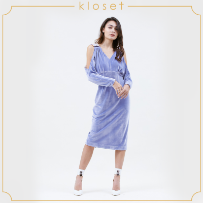 Kloset Shoulder Ruffle Dress (AW20-D017) เสื้อผ้าแฟชั่น เสื้อผ้าผู้หญิง เดรสแฟชั่น เดรสผ้าพื้น เดรสแต่งดีเทลเข็มขัดบริเวณไหล่