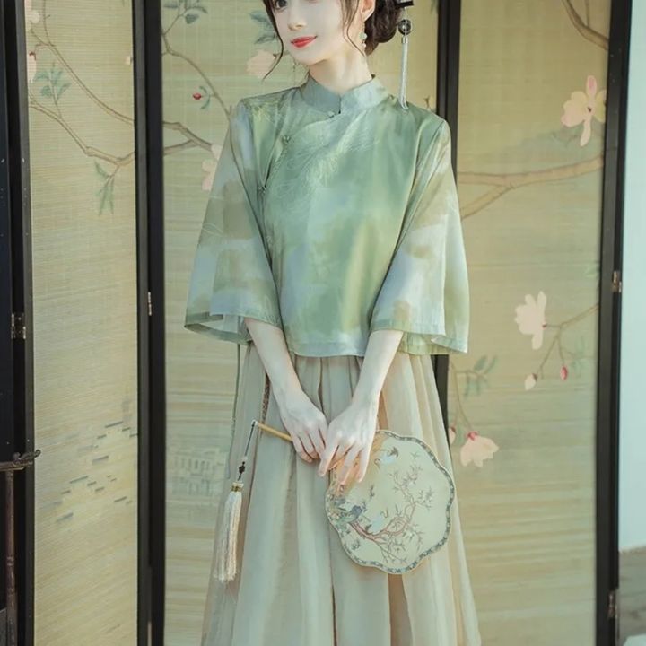 2023ชุดจีน-กระโปรง-tangsuit-จีนชุดเสื้อผ้าเสื้อผู้หญิงพิมพ์ลายฮันฟู