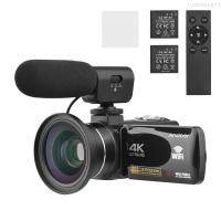 Andoer 4K กล้องบันทึกภาพ WiFi กล้องวีดีโอดิจิตอลเครื่องบันทึก DV 18X 56MP ซูมดิจิตอล3.0นิ้วหน้าจอสัมผัส IPS รองรับการตรวจจับใบหน้าการมองเห็นได้ในเวลากลางคืน IR ป้องกันการสั่นไหวพร้อมแบตเตอรี่2ก้อน + รีโมทคอนโทรล + กระเป๋าใส่โน๊ตบุ๊คแบบพกพา + ไมโครโฟนภายนอ