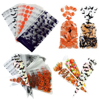 50/100pcs Pumpkin Skull Bat Candy Bag Transparent Cellophane Plastic Package Bag for Happy Halloween Party Gifts Cookies Supplie Gift Wrapping  Bags