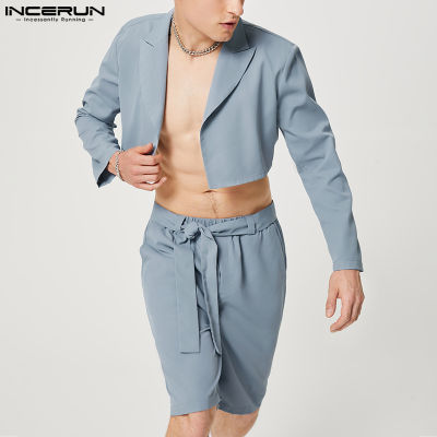 INCERUN เสื้อแจ็คเก็ตเสื้อคลุมกันลมแขนยาวสำหรับผู้ชายกางเกงขาสั้นชุดฮิปฮอปชุดปาร์ตี้ (ลดล้างสต๊อก)