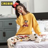 CMENIN ผ้าฝ้ายพิมพ์ลายเรียบง่ายกางเกงขายาวฤดูใบไม้ร่วงและฤดูหนาวชุดนอน Loungewear ชุดนอนสตรีชุดอยู่บ้าน 208929