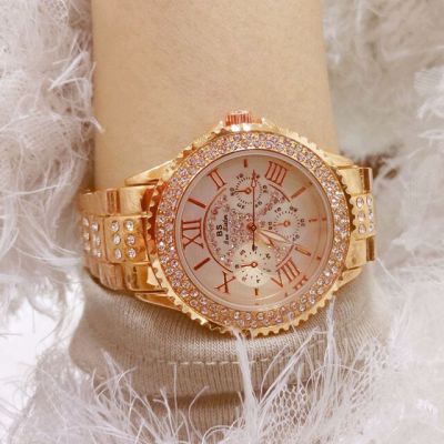 นาฬิกาควอตซ์สำหรับผู้หญิงใหม่สร้อยข้อมือนาฬิกาควอตซ์สแตนเลสหรูหรานาฬิกาลำลองพลอยเทียมสำหรับ Gratis Ongkir ผู้หญิง