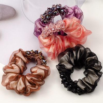 Korean Silk Yarn Rhinestones Head Flower Hair Accessories Fashion Ball Hair Ring