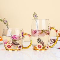 ☫ Chrysanthemum Flower Mugs Coffee Cups Colored Enamel Transparent Glass Cup Drinking Water Milk Juice Tea Cup Home Drinkware