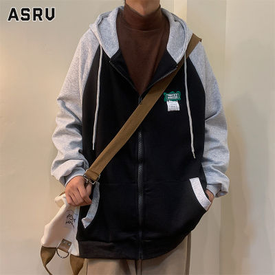 ASRV เสื้อฮู้ดชาย เสื้อมีฮู้ดผู้ชาย hoodie เสื้อกันหนาว ผู้ชาย เสื้อแจ็คเก็ตคลุมด้วยผ้าเย็บปะติดปะต่อสไตล์ฮ่องกงสำหรับผู้ชาย