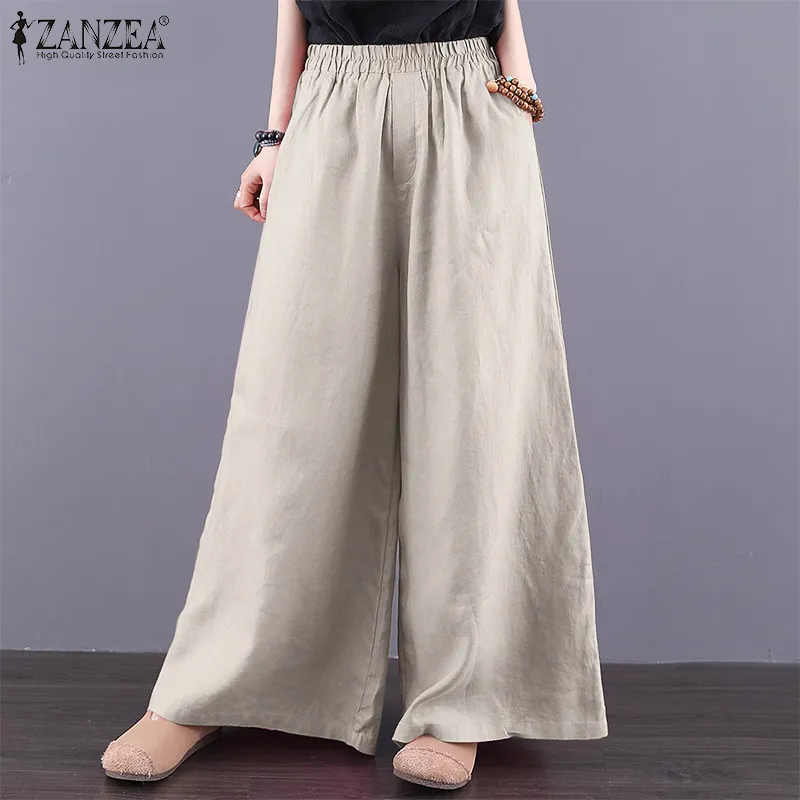 ZANZEA Women Summer Elastic Waist Loose Solid Pants Ladies Cotton Linen  Trousers