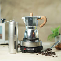 (สีเงิน) KAMPING ชุดกาต้มมอคค่าพอท Moka Pot ลายไม้ + เตาไฟฟ้า500w + เครื่องบดมือหมุน + 2-1 ช้อนหนีบ