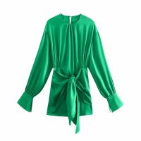 TRAF Za Green Satin Dress Women Mini Knot Wrap Dress 2021 Long Puff Sleeve Elegant Dresses Woman Fashion Ruched Short Dresses