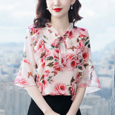 จัดส่งฟรีดอกไม้พิมพ์ชีฟองเสื้อผู้หญิงเสื้อเสื้อแขนสั้นฤดูร้อนสีชมพู Bowknot สวยหรูสไตล์เกาหลีหวานแขนสั้นสุภาพสตรี Floral พิมพ์เสื้อเชิ้ตพลัสไซส์