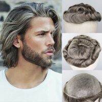 YY Wigs Brown Mixed Grey Human Hair Toupee for Men Wig Brazilian Remy Human Hair Replacement System Thin PU 8x10 Mens Toupee Gift ของขวัญ