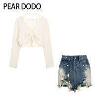 PEAR DODO เสื้อคล้องคอสองชิ้นแบบย้อนยุคสำหรับผู้หญิงฉบับภาษาเกาหลี + กระโปรงสั้นผ้ายีนส์เอวสูงสำหรับผู้หญิง (สั่งแยกต่างหาก)