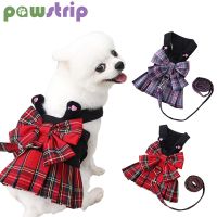 Bow Dog Collar Skirt Cute Pet Plaid Harness with Traction Rope Small Cat Dogs Harness Vest Party Birthday Wedding Bowknot Dress