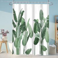 【CW】◙  Shower Curtain Leaves Stone Set with Hooks 180x200cm Fabrics