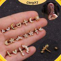 CHONGXI 1PC พังค์ร็อก มงกุฎดอกไม้ข้าม สตาร์ มูน ฮาร์ท ต่างหูสตั๊ด CZ เจาะหู สีเงิน สีทอง เครื่องประดับร่างกาย