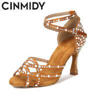 CINMIDY Rhinestone รองเท้าเต้นรำรองเท้าเต้นรำละตินผู้หญิงห้องบอลรูมเต้นรำรองเท้าผ้าใบซาตินรองเท้าแต่งงานด้านล่างนุ่มรองเท้าแตะของผู้หญิง