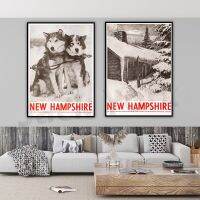 Retro NEW HAMPSHIRE Travel Poster - Vintage Snow Dogs Sledding Tourism Print For Wall Decor