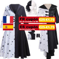 Cruella De Vil 2021 New Halloween Party Cosplay Costume Women Gown Black White Maid Dress with s Hoodie Skirt Wigs Outfits