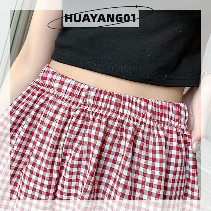 huayang01ชุดนอนเอวสูงลายสก็อตสำหรับผู้หญิง-ชุดนอนกางเกงขาสั้นเอวยางยืด2023แฟชั่นใหม่สุดฮอต