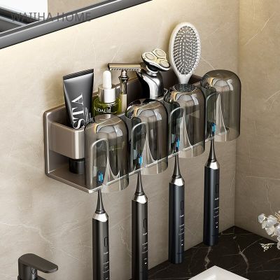 ที่ใส่แปรงสีฟันออแกไนเซอร์จัดเก็บแบบติดผนังที่จ่ายแปรงสีฟันพร้อมน้ำยาบ้วนปากถ้วยอุปกรณ์ในห้องน้ำ