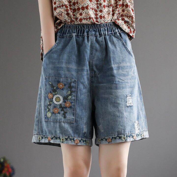 【มีไซส์ใหญ่】Plus Size M5XL Women's Floral Embroidery Denim Shorts
