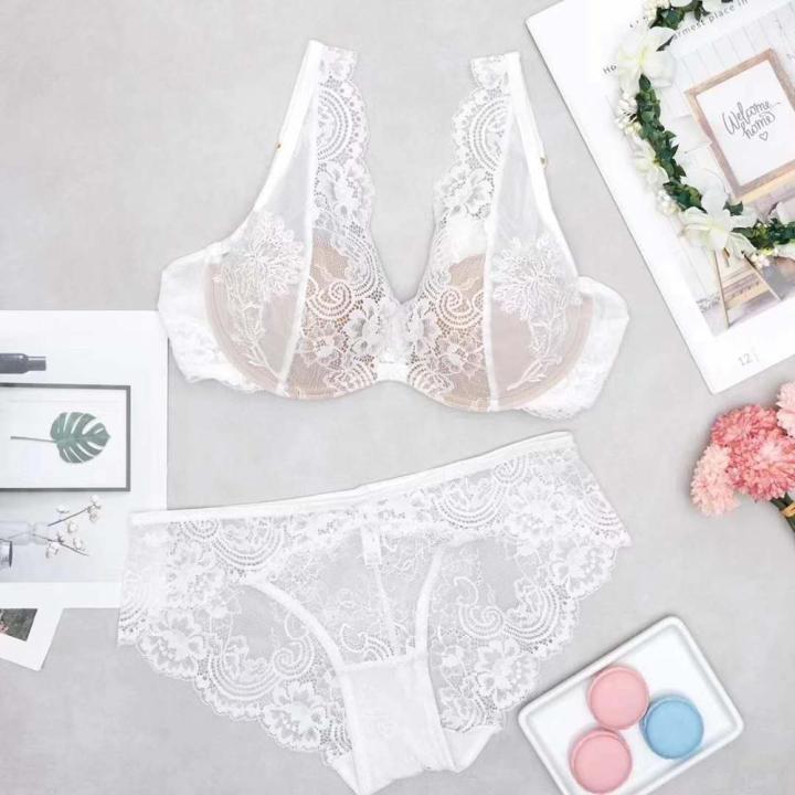 2021Sexy lace lingerie briefs sets comfortable embroidered cotton bra gathered deep V ladies bralette summer home wear women bra set