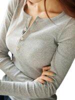 2023 Autumn Women Ribbed Buttons Up Long Sleeve T Shirts Korean Style Casual Vintage Tops Slim Fit Thin Knitted O Neck T-shirt