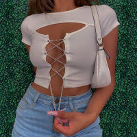 A CWwartWomen Knit Ribbed Crop Top Cut Out Short Sleeve Shirt Chain Lace Up Top Hollow Out Open Front Slim Fit Tee Club Party Streetwear