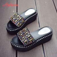 Aphixta Platform Rhinestone Sandals Slippers Women Gemstone Slides Women Shoes Wedge Slippers String Bead Beach Slides Shoes