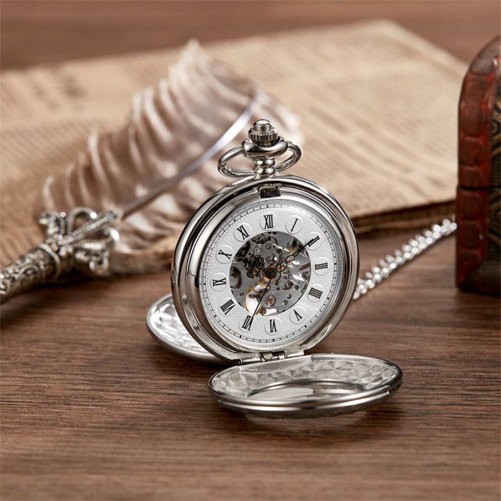 นาฬิกาพกกลไกอัตโนมัติฝาเปิดสองชั้นดีไซน์แกะสลักนาฬิกานาฬิกาพกสีบรอนซ์กลไกสำหรับผู้ชายแนวย้อนยุค