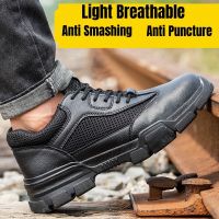 CHNMR New Black Leahter Mesh Shoes For Men Light Breathable Sneaker Anti Puncture Safety Shoes Man for Work Male Sports Sneakers