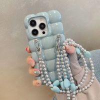 เคสโทรศัพท์มีสายคล้องโซ่คาดลำตัวแบบหรูหราสำหรับ iPhone 14 13 11 12 Pro Max 3D พัฟฟ์ลายตารางพับกันกระแทก