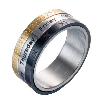 แหวนหมุนสแตนเลสตัวเลขโรมันสามสีปฏิทินวันเครื่องประดับผู้ชาย