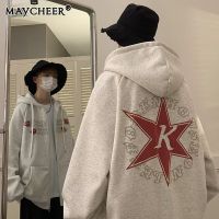 MAYCHEER เสื้อมีฮู้ดลำลองเสื้อเสื้อกันหนาวมีฮูดพิมพ์ลายชาย