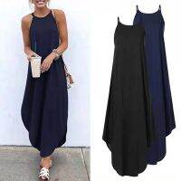 Women Dress Summer 2023 Casual Sleeveless Retro Halter Solid Beach Long Dress Round Neck Sling Fashion Beach Clothes Plus Size