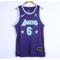 เสื้อผ้าบอลที่นิยมมากที่สุด ใหม่ star NBA Mens Los Angeles Lakers 2022 สําหรับผู้ชาย เสื้อกีฬาบาสเก็ตบอล ปักลาย LeBron James 6 สีฟ้า