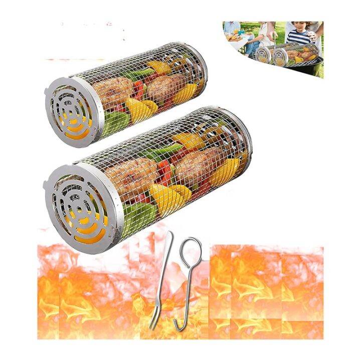 Rolling Grilling Baskets BBQ Basket Barbecue Cage for Outdoor Grill Bbq