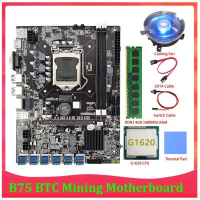 B75 BTC Mining Motherboard 12 PCIE to USB LGA1155 DDR3 4GB 1600Mhz RAM+G1620 CPU+SATA Cable B75 ETH Miner Mining