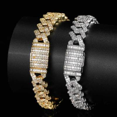 Hip-Hop 10Mm Full Diamond Diamond-Shaped Cuban สร้อยข้อมือ Micro-Inlaid Square รอบ Zircon ผสมฝังเครื่องประดับ Hip Hop