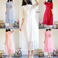 ส่งไว 1-2วันถึง 004872 Maxidress แม็กซี่เดรสลายลูกไม้ เนื้อผ้าลูกแต่งฉุลลูกไม้ช่วงคอและแขน