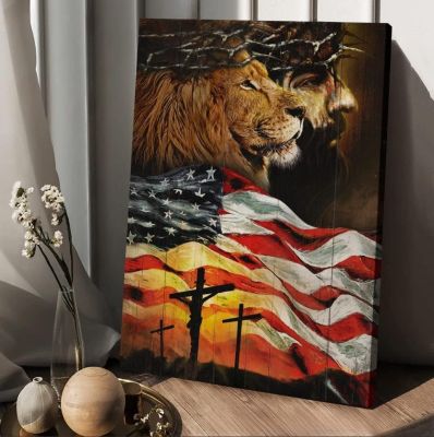 ธงชาติอเมริกาพระเยซูคริสต์สิงโตของยูดาห์ศิลปะบนผนังห้องนั่งเล่นในบ้านผ้าใบตกแต่งโปสเตอร์กรอบ X