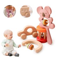 4pcs Wooden Rattle Toys Silicone Bear Hand Teething Beech Car Blocks Wooden Toys Bed Stroller Educational Toys Gifts 0-12Months