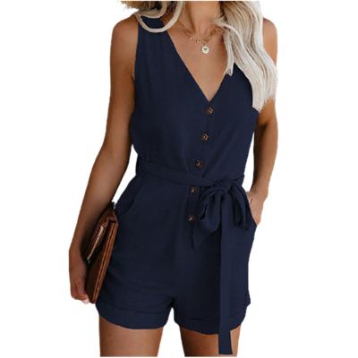 2021 Women Playsuit Summer V Neck Sleeveless Button Belt Bow Casual Jumpsuit Solid Street Romper Fashion Black White Overalls