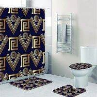 Bernicl Luxury 3D Gold Greek Key Meander Ornament Shower Curtain Set for Bathroom Modern Rich Abstract Geometric Mat Toilet Accessories