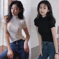 Womens Solid Color Half Turtleneck Slim Short Sleeve Knitted T-Shirt