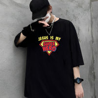 เสื้อยืด Unisex คุณภาพดี   (S-5XL) ผ้าฝ้าย 100%   เสื้อยืด ผ้าฝ้าย พิมพ์ลาย Jesus Is My Superhero ขนาดใหญ่ เหมาะกับของขวัญคริสเตียน สําหรับผู้ชาย