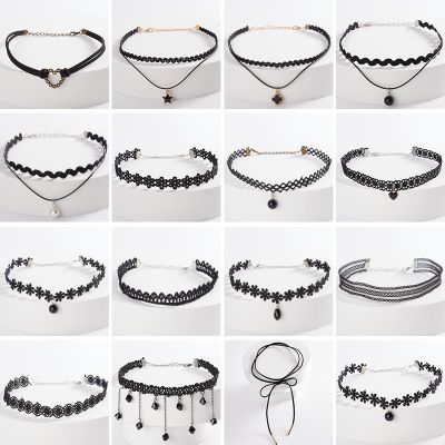 Gothic Leather Heart Star Choker Necklace for Women Black Flower Bowknot Pearl Pendant Clavicle Chain Girls Party Jewelry Gifts