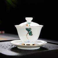 ชุดถ้วยชาเซรามิค Jingdezhen ระบายมือสีฟ้าในครัวเรือนและเครื่องกระเบื้องสีขาว Gaiwan Teaware Tureen Sancai ถ้วยชา ZH531