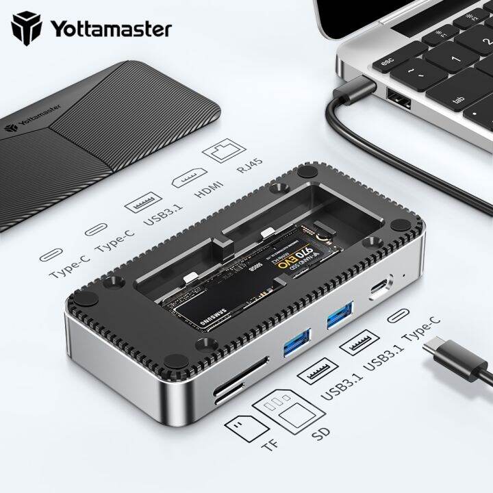 yottamaster-ยูเอสบีฮับยูเอสบีแท่นวางมือถือกับ-hdmi-เข้ากันได้-usb-a-3-2-gen2-m-2-nvme-และ-sata-เอสเอสดีกรณี-ethernet-100w-pd-sd-tf-feona